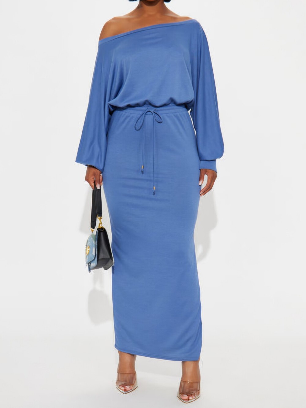 Off-Shoulder Blue Drawstring Waist Maxi Dress